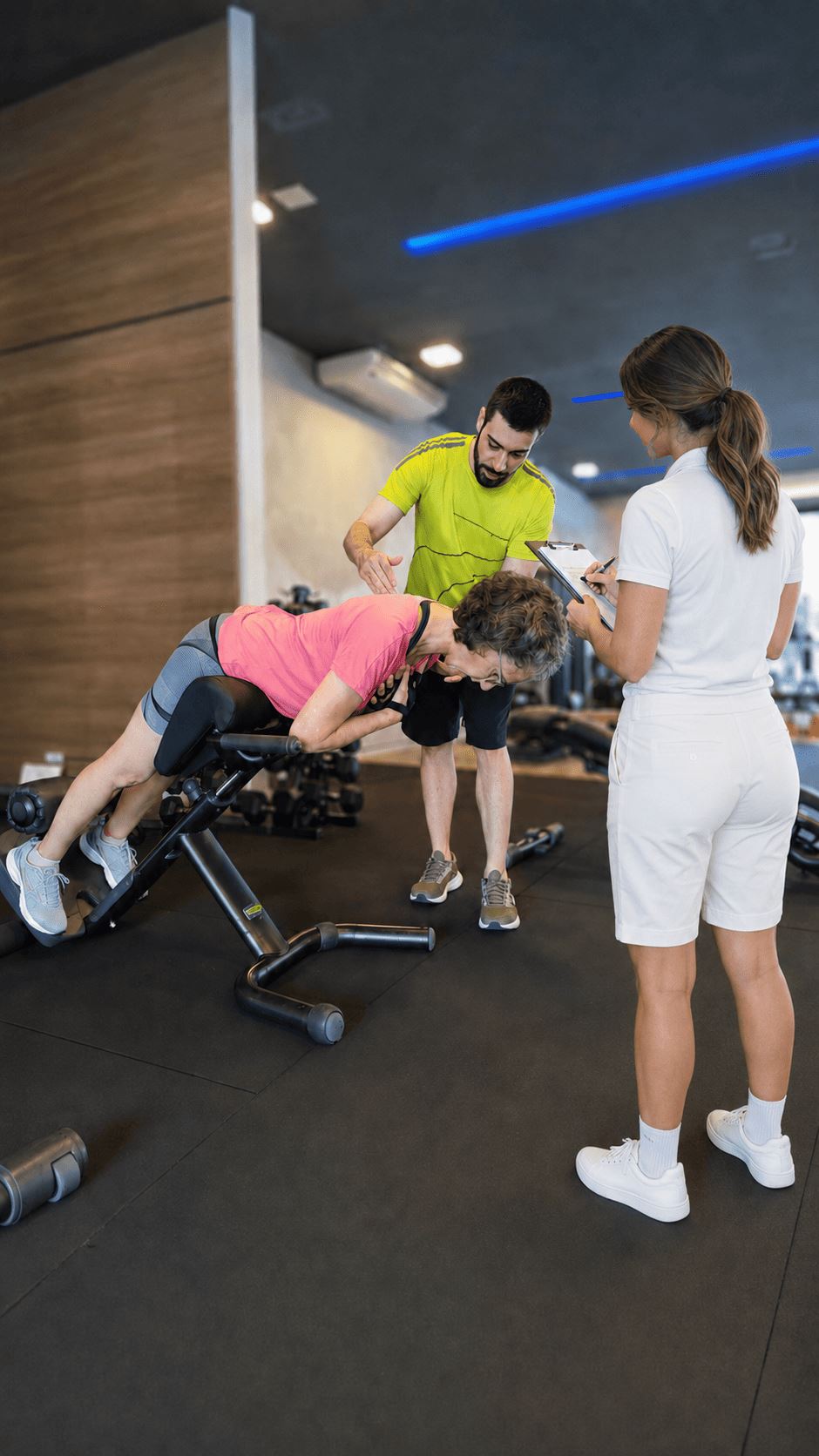 Fisioterapeuta acompanhando cliente durante exercício na Corpore